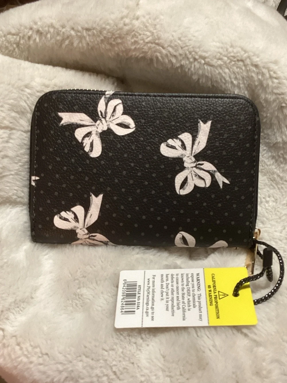 Classic Fashion Black Wallet with Pink Bow Print Zip-Around - Women